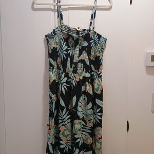 Roxy Tropical Floral Smocked Dress in Black, Teal & Peach